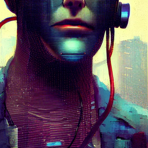 Image similar to male cyberpunk cyber hacker, cybernetic implants, wires, cables, grunge grime, realistic shaded, fine details, realistic shaded lighting by occlusion shadow, intricate, bokeh, masterpiece, by ilya kuvshinov and jeremy lipking and quentin mabille