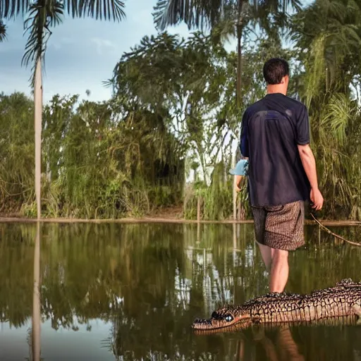 Prompt: man with clocks as eyes walking near lake with crocodiles, high detail, soft lighting, intricate, 8 k