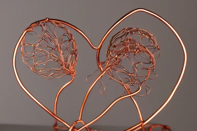 Image similar to a very beautiful tiny human heart organic sculpture made of copper wire and threaded pipes, very intricate, curved. studio lighting, high resolution, high quality, black background