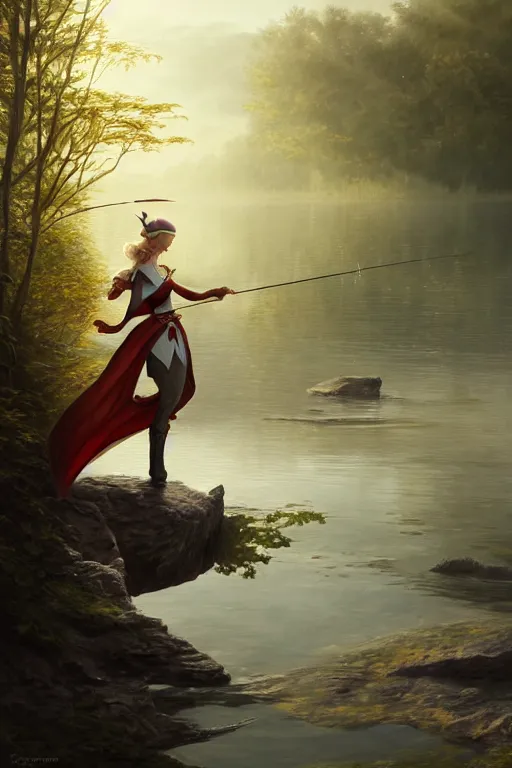 Image similar to elegant elf fishing in lake, highly detailed, d & d, fantasy, highly detailed, digital painting, trending on artstation, concept art, sharp focus, illustration, global illumination, ray tracing, realistic shaded, art by artgerm and greg rutkowski and fuji choko and viktoria gavrilenko and hoang lap