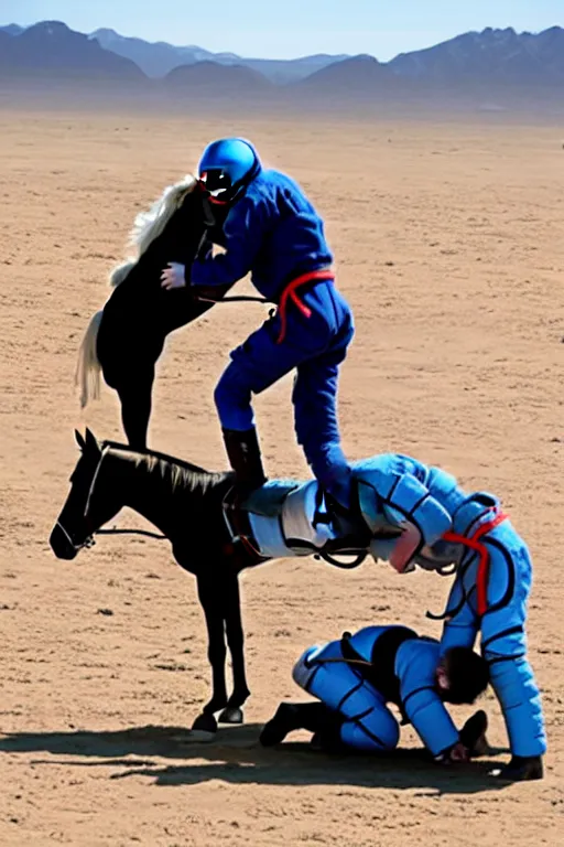 Image similar to horse wrestles astronaut pilot spaceman on all fours on hands and knees in grappling in closed guard on mount position