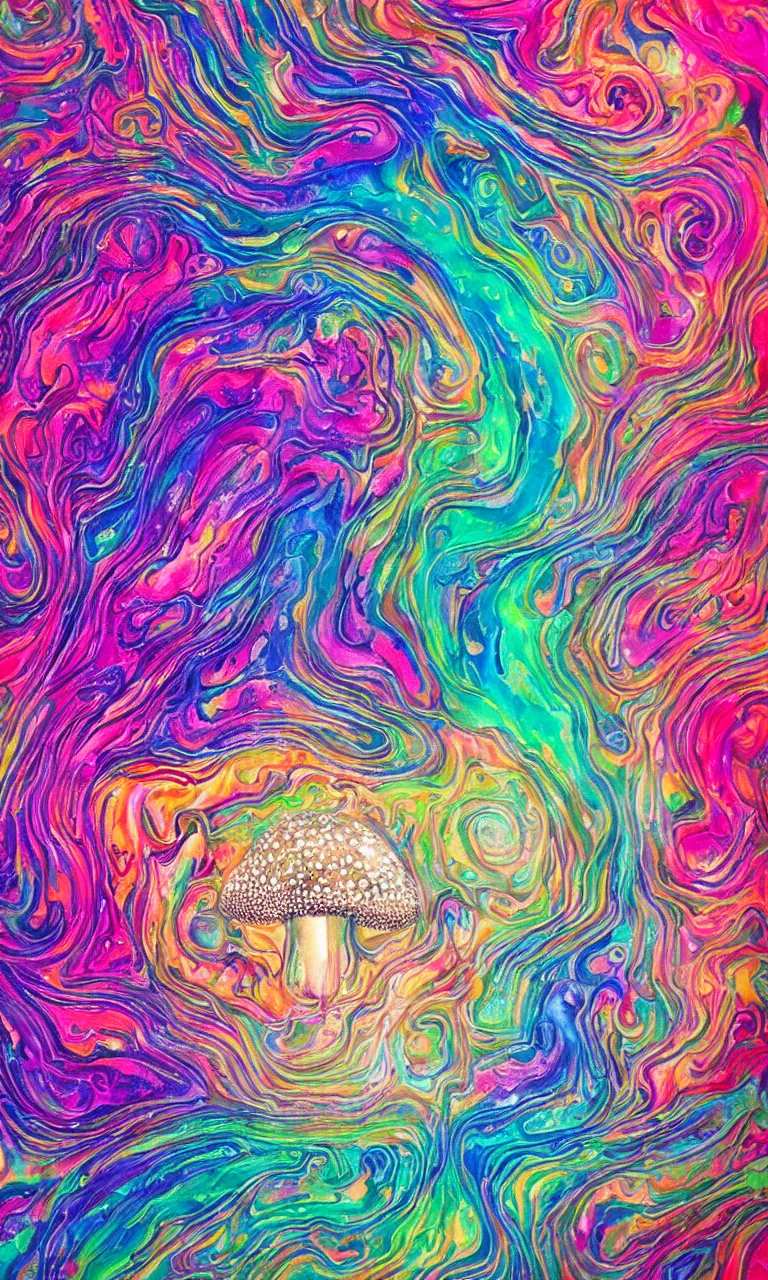 Prompt: ultra detailed acrylic pour fluid dynamics flow art painting of a iridescent amanita mushroom with a colorful swirl shimmering with pearlescence, acrylic marbling art of a toadstool by sam spratt, rhads, deviantart, psychedelic art, psychedelic, cosmic nebula, chromatic