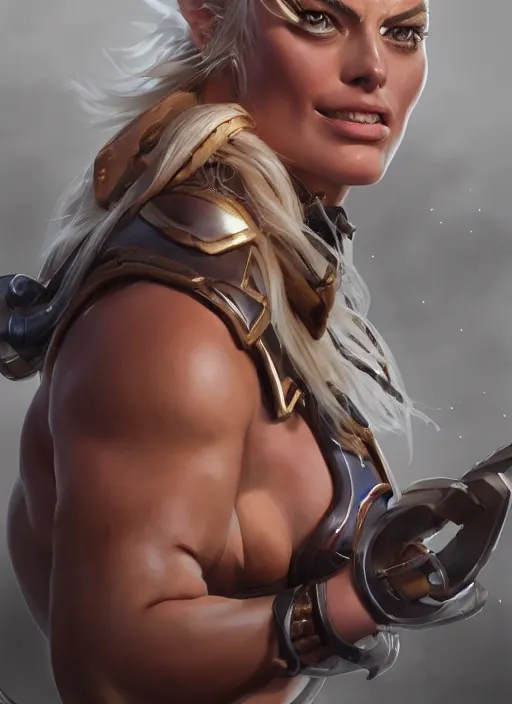 Image similar to detailed portrait of margot robbie as a thick female bodybuilder barbarian zarya from overwatch, attractive, beautiful, fantasy, intricate, elegant, highly detailed, digital painting, artstation, concept art, matte, sharp focus, illustration, art by aenaluck, artgerm and roberto ferri and greg rutkowski, epic fantasy, digital painting