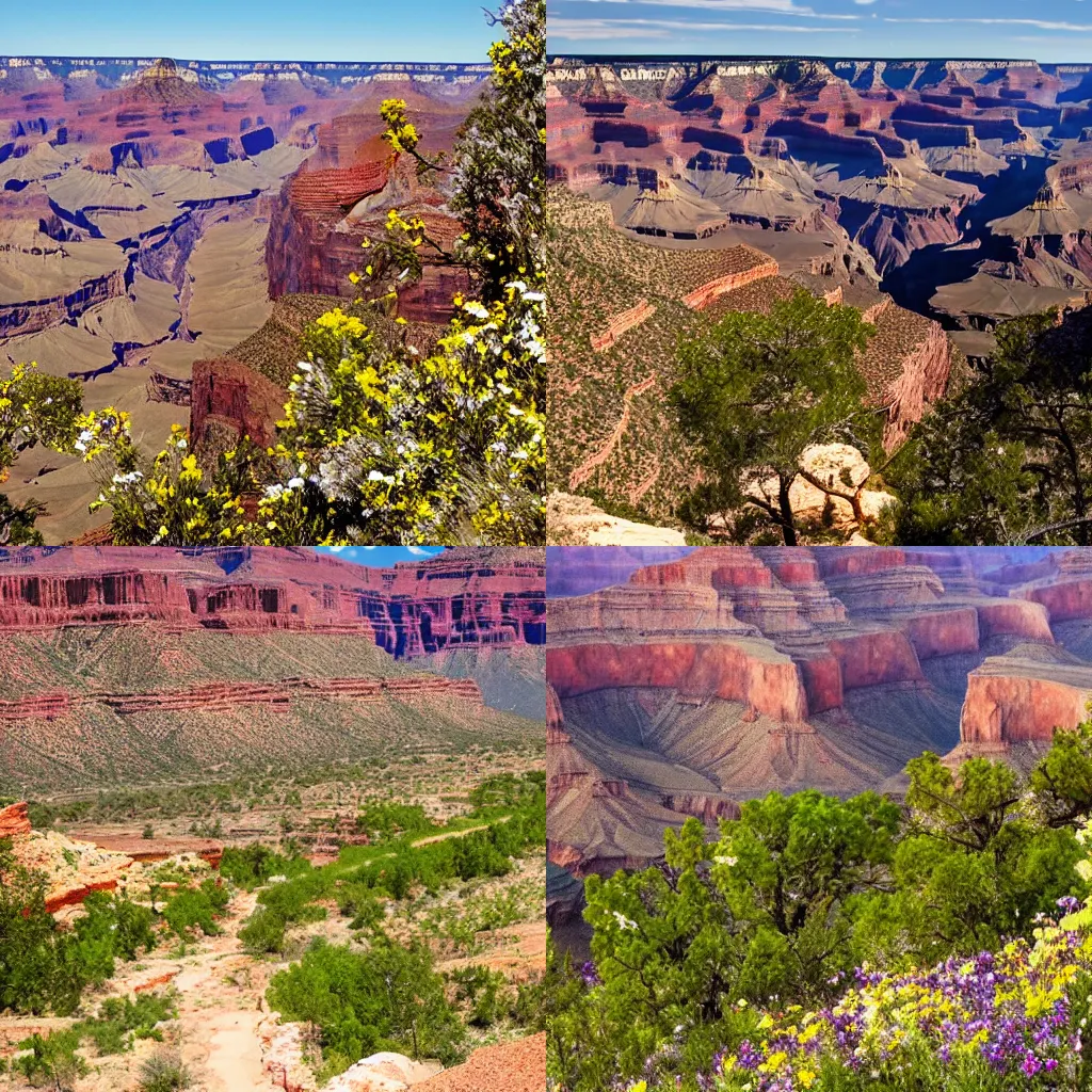 Prompt: The Grand Canyon, bursting with wildflowers and tall grass