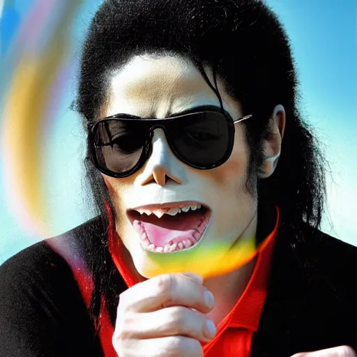 Image similar to michael jackson 2 0 0 9 wearing shades, this is it style, photo real, pores, motion blur, sitting with bubbles the chimp window open, real life, spotted, ultra realistic face, accurate, 4 k, movie still, uhd, sharp, detailed, cinematic, render, modern