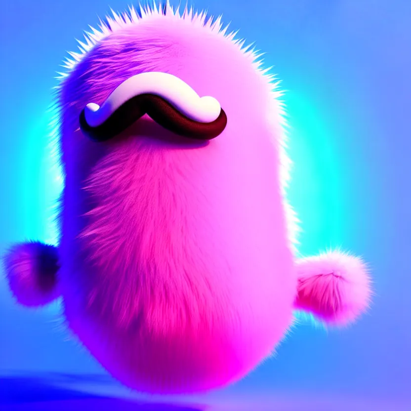 Image similar to high quality 3 d render hyperrealistic very cute big spherical creature, mustache, plush mascot, short spiky dense fluffy smooth hair, isometric 3 d, psychedelic lighting pink fluffy fur 1 cm long, 1 5 0 mm, smooth background, artstation, ultra detailed, elegant, ultra detailed, octane render