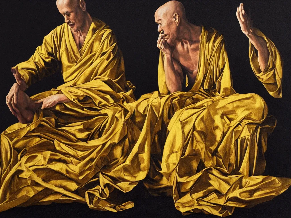 Prompt: hyperrealistic still life oil painting of a 3d sculpture of a monk dressed in black and gold robe, meditating sitting down wrapped in fabric and gently smiling, surrounded by prisms in a tesseract, by Caravaggio and bruce pennington, botanical print, surrealism, vivid colors, serene, golden ratio, minimalism, negative space