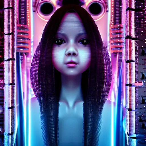 Image similar to swimming through a pile of modular synth cables, empathy machines, to see a kawaii puerto rican goddess staring through the mothership of your souls, wearing a headpiece made of circuit boards, by alastair reynolds and stanley kubrick, pink, trending on artstation, cinematic, 3 d render, photorealistic