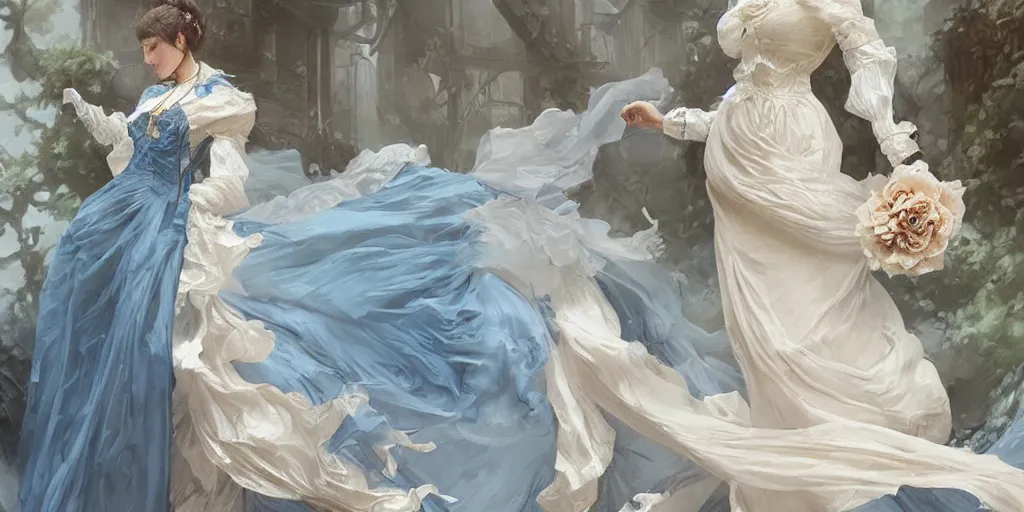 Image similar to lady dressed in a vaporous wrapped large victorian cream roses silk semi-transparent blue and cream dress fashion is running D&D, fantasy, intricate, elegant, highly detailed, digital painting, artstation, concept art, matte, sharp focus, illustration, art by Artgerm and Greg Rutkowski and Alphonse Mucha