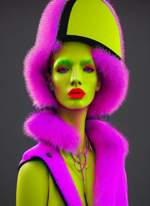 Image similar to stylish coat for a rave, bright colors, many details, prints, photo for a magazine, photo for a store, fashion photography, Vogue, 135 mm, cinematic, hyper realism, high detail, octane render, 8k, chrome accents, very coherent symmetrical artwork, perfect face model, full length photo, Upper and lower body, even skin tone