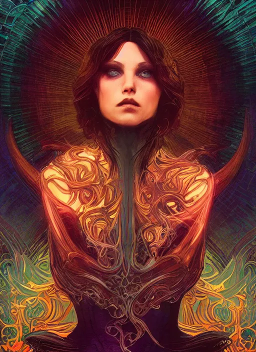 Image similar to book cover, front portrait, dark witch with black hood and evil eyes, realism, soft, smooth, luminescent, art nouveau tarot, backlit glow, colorful swirly ripples, gaudy colors, aesthetic octane render, unreal engine, 8 k, by artgerm, greg rutkowski, alphonse mucha