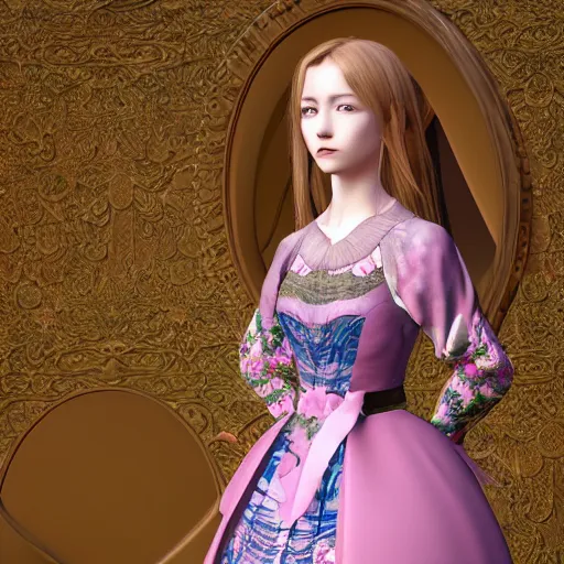 Image similar to highly detailed 3D render portrait young lady dressed in manga, floral renaissance dress