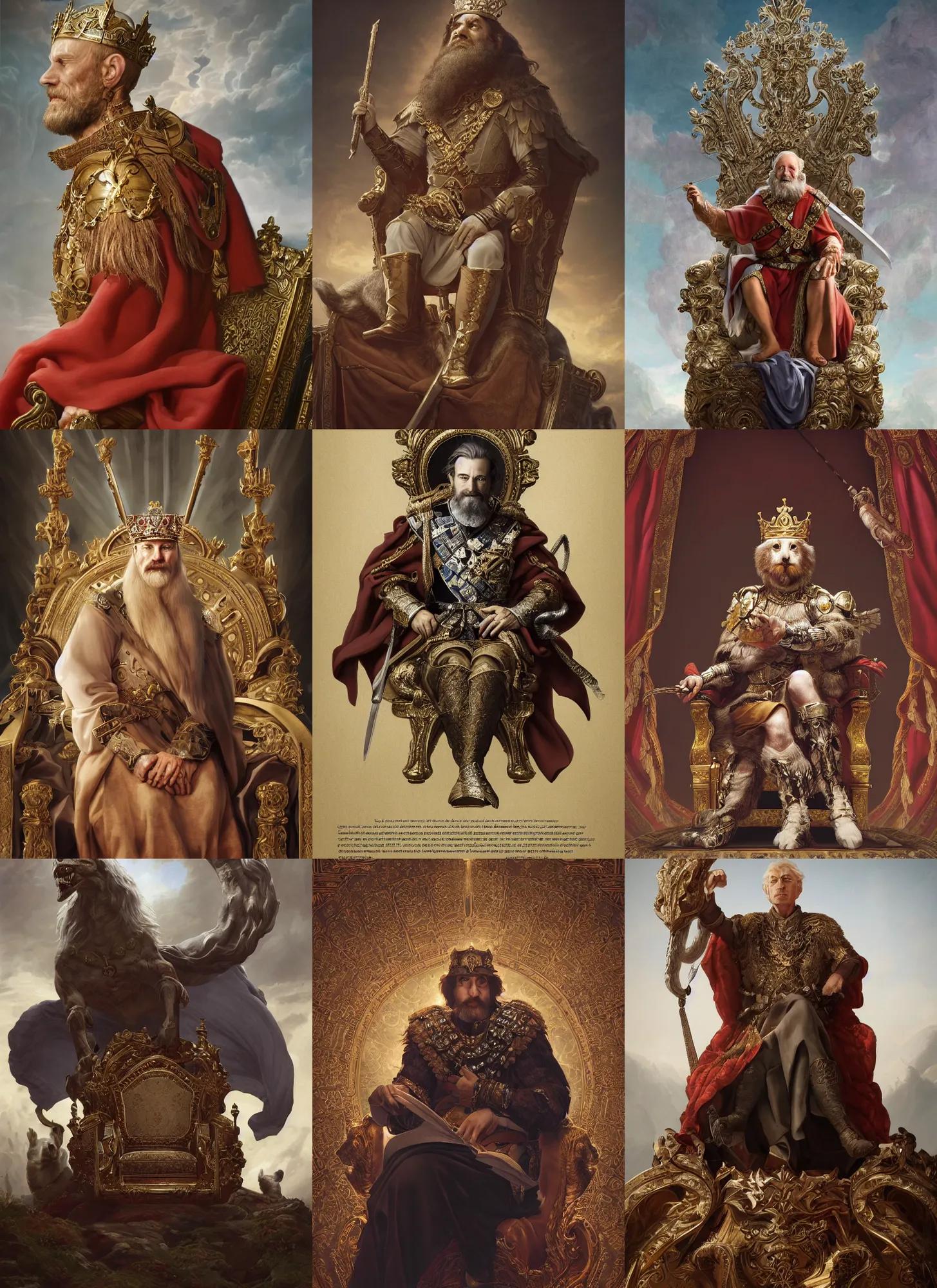 Prompt: wisened philosopher king (an absolute monarch of his european kingdom) resides on his trone, highly detailed DnD portrait by Raffaello Ossola and Ross Tran and Greg Rutkowski, stunning detail, 8k, 4k