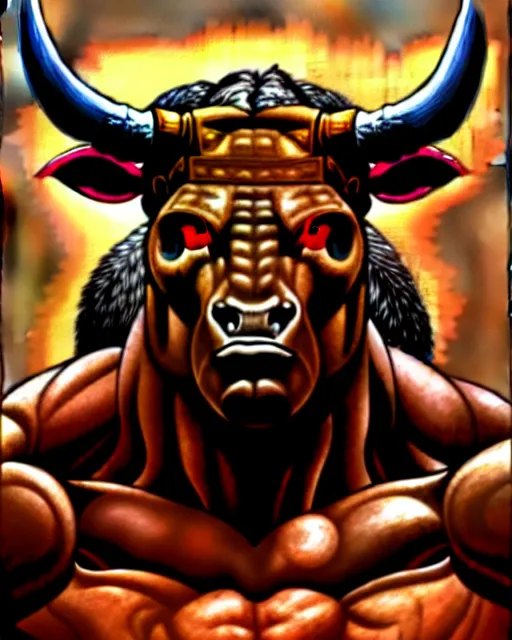 Image similar to minotaur from path of exile, portrait, digital painting, pecs like Schwarzenegger, highly detailed, intricate, trending on artstation, art by John Buscema