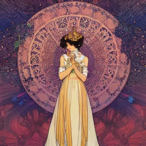 Prompt: a beautiful intricate watercolor illustration of a princess with flying goldfishes, 4 k, ultra - wide angle, by william turner, by victo ngai, by alphonse mucha, by moebius, by gustave dore, hd, trending on artstation, hyper detailed, muted intense colors
