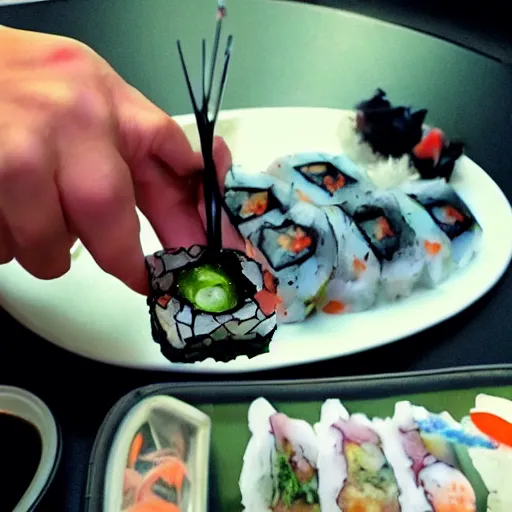 Image similar to Gollum eating sushi, go pro 360 footage air