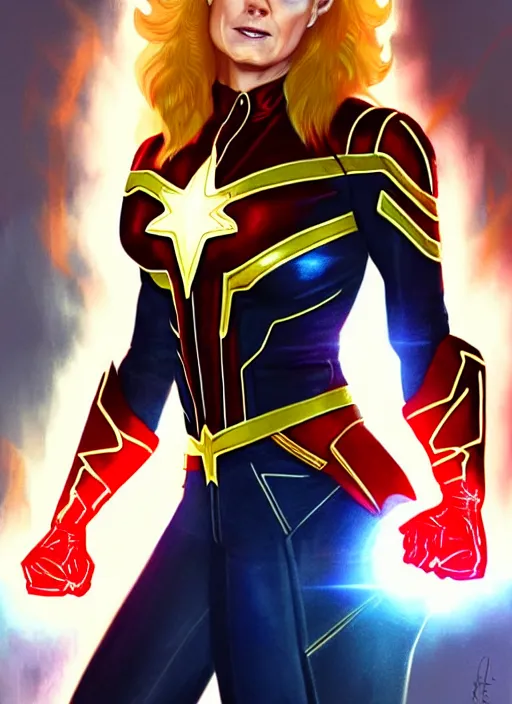 Prompt: lita ford as captain marvel, intricate, elegant, glowing lights, highly detailed, digital painting, artstation, glamor pose, concept art, smooth, sharp focus, illustration, art by artgerm and greg rutkowski, artey freytag