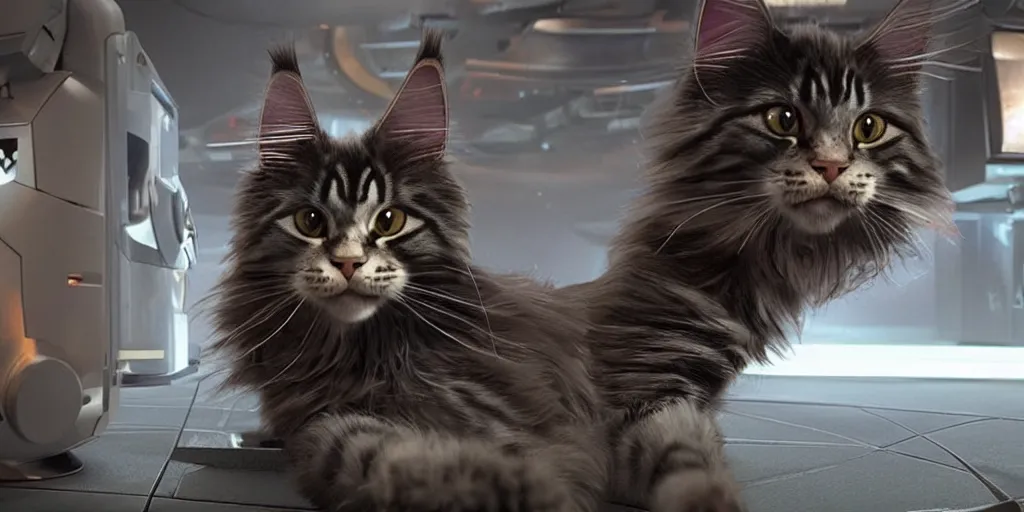 Image similar to a 3 d rendered movie still a robotic maine coon cat scanner. a cat scan. science fiction blockbuster movie from the future, imax 7 0 mm. the mandalorian ( american space western television series )
