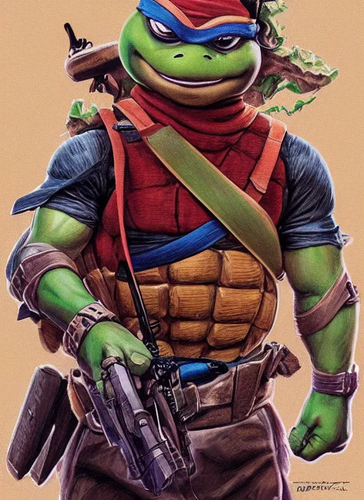 Image similar to portrait of Teenage Mutant Ninja Turtle in Society (1989), highly detailed, centered, solid color background, digital painting, artstation, concept art, smooth, sharp focus, illustration, artgerm, donato giancola, Joseph Christian Leyendecker, Les Edwards, Ed Repka, WLOP, Artgerm