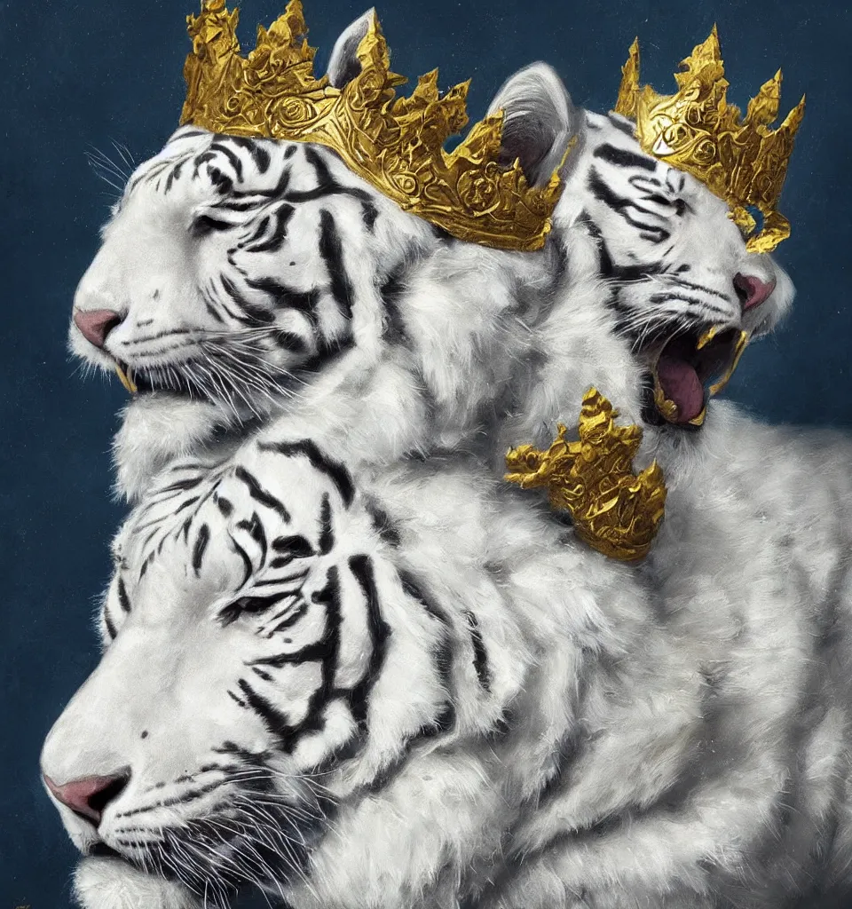 Prompt: artwork of a white tiger king with gold crown and blue king suit, concept art, portrait, super detailed, 4 k hd, trending on artstation, digital painted, low contrast, made by greg rutkowski and viktoria gavrilenko