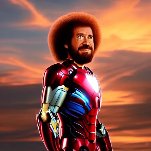 Image similar to a still of Bob Ross as Ironman. Magic Hour. Professional photography, 4K. Mood