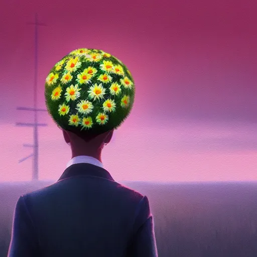 Prompt: enlarged daisy flower head, frontal, girl in a suit, surreal photography, sunrise, dramatic light, impressionist painting, digital painting, artstation, simon stalenhag