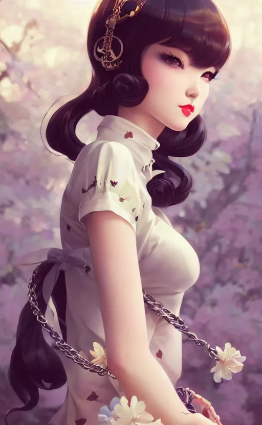 Image similar to a pin up and beautiful fashion and charming and dreamlke japan girl with lv jewelry, character art, art by artgerm lau and kyoung hwan kim and and ilya kuvshinov and john singer sargent, hyperdetailed, 8 k realistic, symmetrical, frostbite 3 engine, cryengine, dof, trending on artstation, digital art