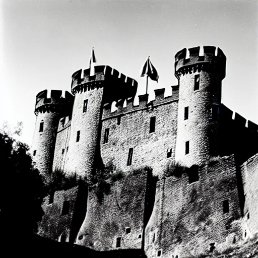 Prompt: a medieval castle on a hill, surrounded by renaissance era fortress walls, surrounded by barbed wire and trenches, black and white photography, 3 5 mm film