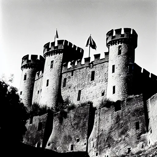 Image similar to a medieval castle on a hill, surrounded by renaissance era fortress walls, surrounded by barbed wire and trenches, black and white photography, 3 5 mm film