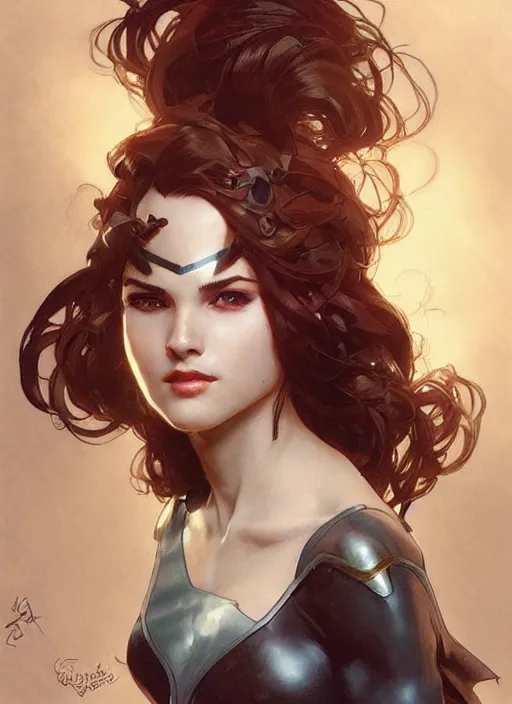 Image similar to a young woman. she is dressed as a superhero. clean elegant painting, beautiful detailed face. by artgerm and greg rutkowski and alphonse mucha