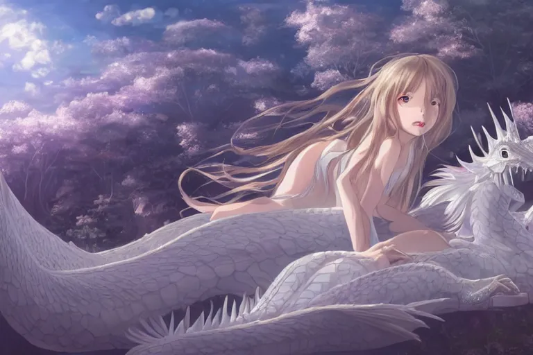 Image similar to a hyper detailed big render that beautiful princess lie on the ground be surrounded in the white clouds fairyland center by a huge silver white dragon, finely detailed angelic face, style of studio ghibli, makoto shinkai, xision, ilya kuvshinov and artgerm, kazuki tanahashi, james jean, animation style, golden curve composition, ultra wide angle