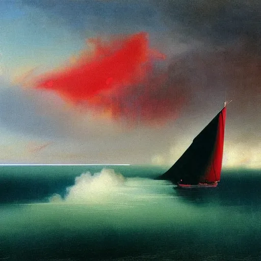 Prompt: minimalist symmetrical red clouds and green ocean in iceland fjord with tall futuristic zaha hadid sailboat painting by ivan aivazovsky