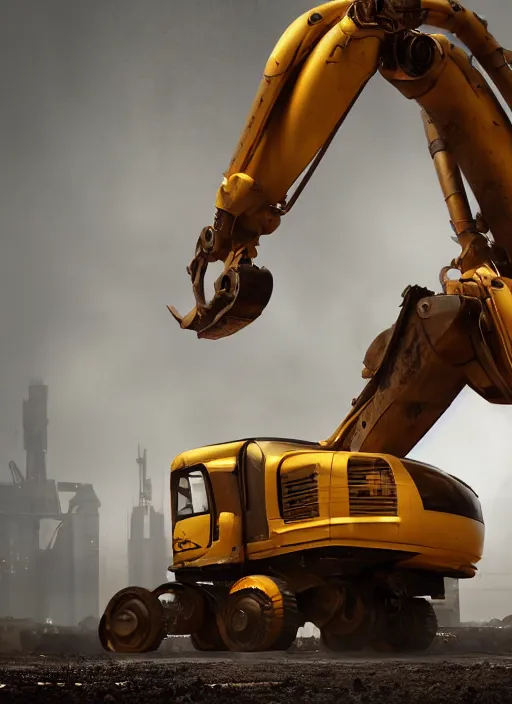 Image similar to a photorealistic dramatic hyperrealistic render of a futuristic exosuit power excavator heavy machinery, ultra realistic details, glossy yellow, well worn, rust, oil stains by vitaly bulgarov and mike nash, beautiful dramatic dark moody tones and lighting, cinematic atmosphere, studio lighting, global illumination, shadows, dark background, octane render, 8 k