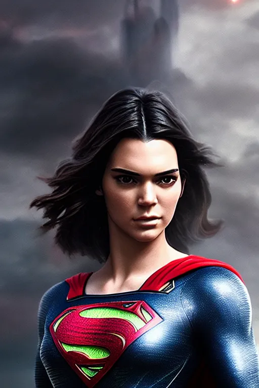 Prompt: a fancy close up of Man of Steel cast as Kendall Jenner by Greg Rutkowski, Sung Choi, Mitchell Mohrhauser, Maciej Kuciara, Johnson Ting, Maxim Verehin, Peter Konig, 8k photorealistic, cinematic lighting, HD, high details, dramatic, trending on artstation, full body shot