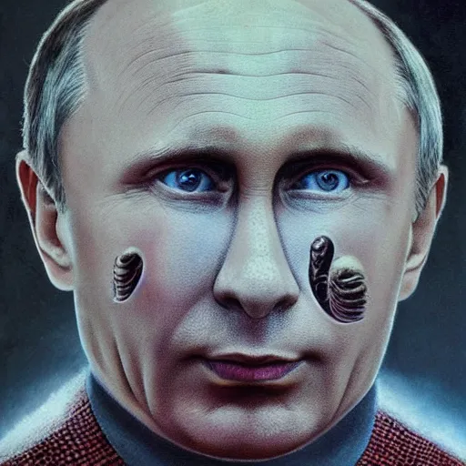 Image similar to portrait by giger of vladimir putin who became an ugly retarded lovecraftian degraded monstrosity, photo - realistic, color image, 2 k, highly detailed