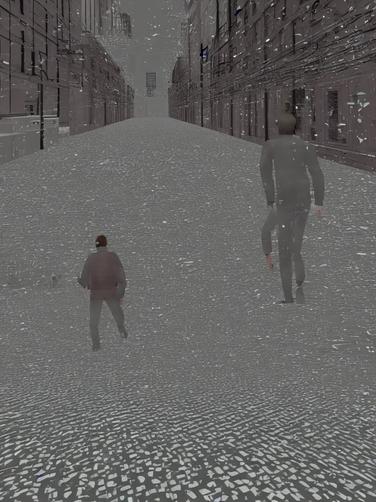 Image similar to PS1 game, man walking in city third person, static white noise glitching in the sky