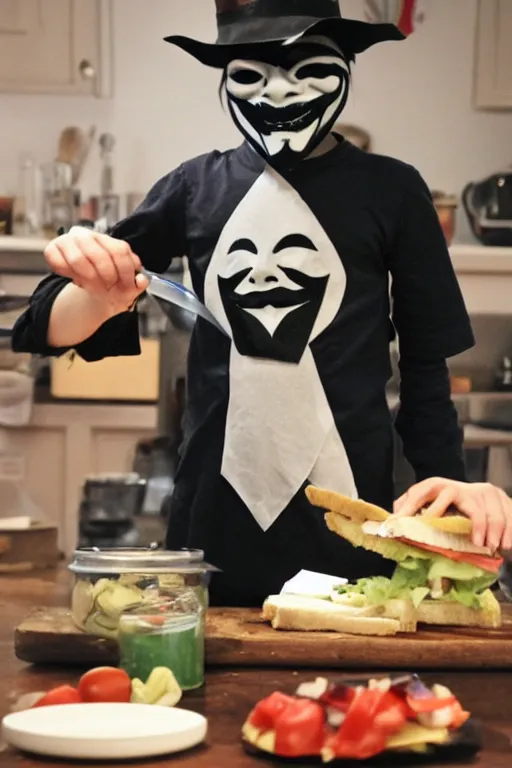 Image similar to a schoolboy in a Guy Fawkes mask v for vendetta makes sandwiches on the kitchen table