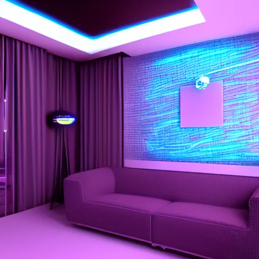 Prompt: futuristic looking living room, dark with blue neon lights, contrasted, tron style, octane render