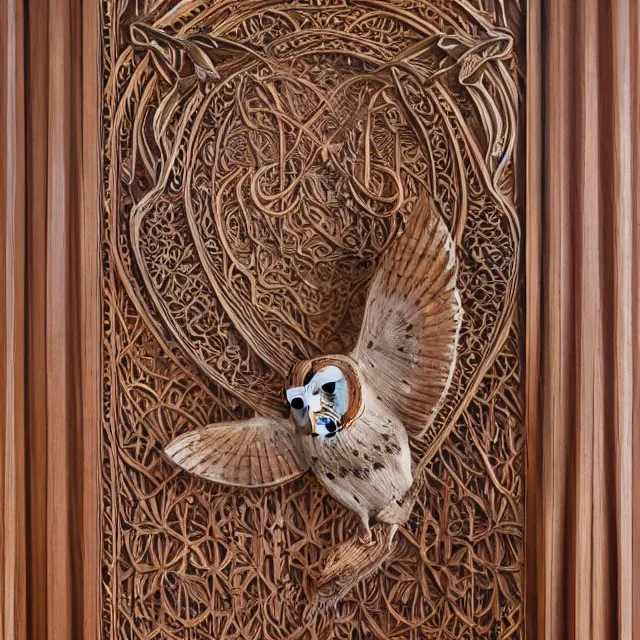 Image similar to a 3 d wooden mahogany art nouveau carved sculpture of a barn owl, in front of a delicate tracery pattern, intricate and highly detailed, well - lit, ornate, realistic, polished with visible wood grain