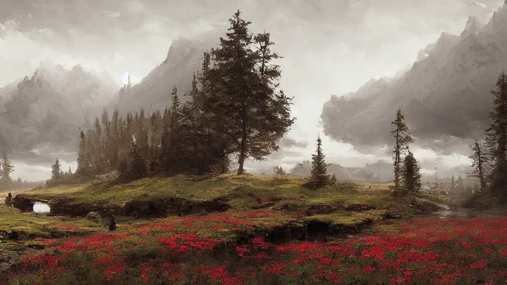 Image similar to a stunning landscape by jakub rozalski