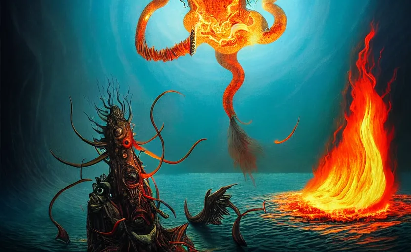 Image similar to mysterious bestiary of wild emotion monsters repressed in the deep sea of unconscious of the psyche lead by baba yaga, about to rip through and escape in a extraordinary revolution, dramatic fire glow lighting, surreal painting by ronny khalil