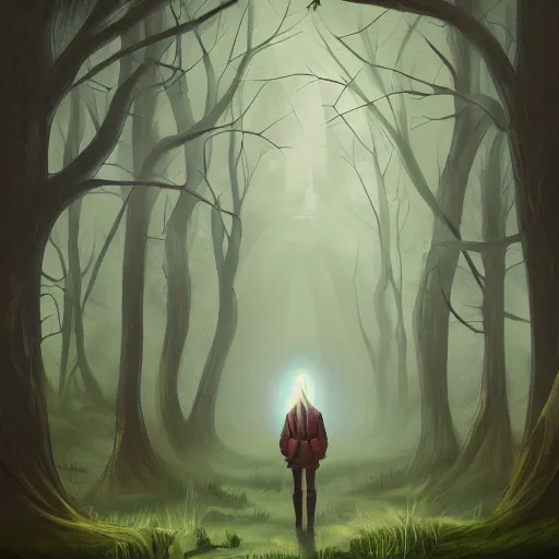 Image similar to Wanderer in the dark forest, digital painting, trending on Artstation, detailed