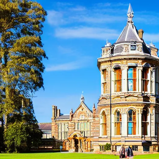 Prompt: photograph of a grand victorian college building in the countryside by a large lake. detailed architecture, realistic, well lit and blue sky.