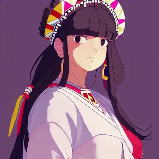 Prompt: a beautiful! plus sized native women instagram model, brown skin, wearing elegant catholic school girl designer fashion with mayan pattern and native style, aztec street fashion, gapmoe yandere grimdark, trending on pixiv fanbox, painted by greg rutkowski makoto shinkai takashi takeuchi studio ghibli, akihiko yoshida