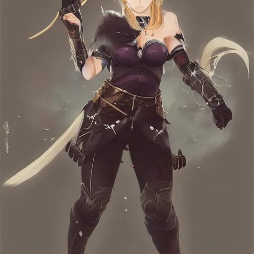 Image similar to An anime portrait of Enji Night as a blonde huntress from Skyrim, by Stanley Artgerm Lau, WLOP, Rossdraws, James Jean, Andrei Riabovitchev, Marc Simonetti, and Sakimichan, tranding on artstation