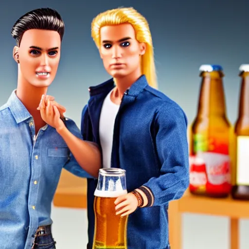 Image similar to a battered Barbie doll standing next to a Ken doll holding a beer, hyper realistic, sharp focus