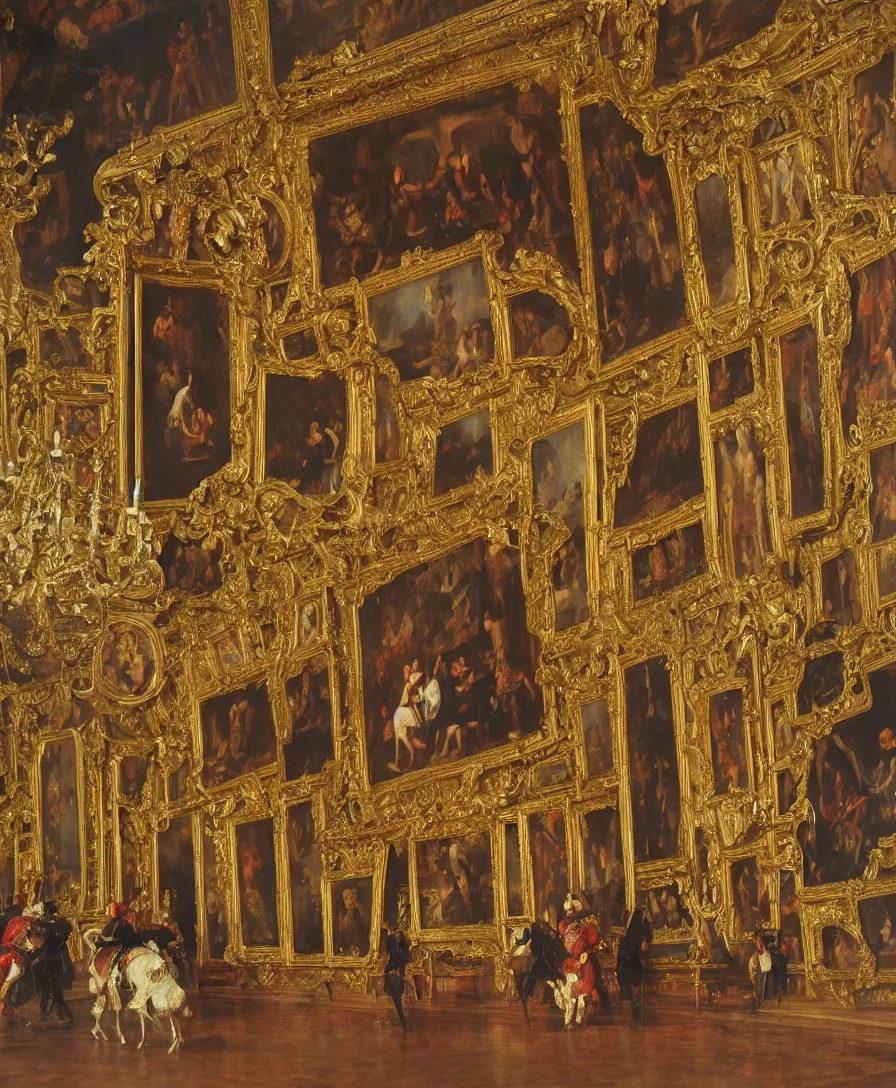 Image similar to fine art, oil on canvas baroque style by diego velasquez. the interior of the palace of versailles in france. fine art in the walls and