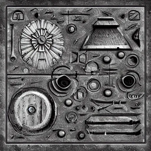 Image similar to 2 d illustration of ancient technology artifact made of steel and stone, with glow on some of its parts, monochromatic background, by afshar, petros