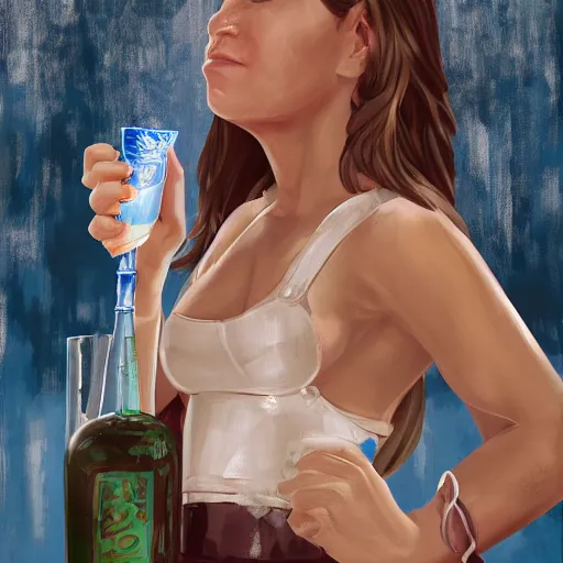 Image similar to putin holding a bottle of arak, wearing a mini skirt, cinematic, beautiful digital painting, hyper detailed