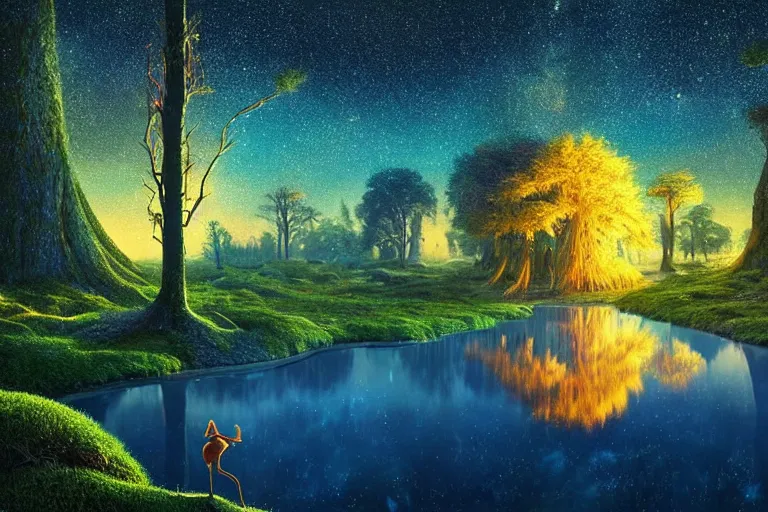 Image similar to vivid surreal landscape : : magic forest nature : : weta disney pixar movie still photo : : decadent highly - detailed digital painting, full length shot, golden ratio, golden hour, galaxies, stars, light trails, lagoon, reflection, night sky, octane render, artstation, smooth, sharp focus, artgerm, mucha, loish, wlop, gogo